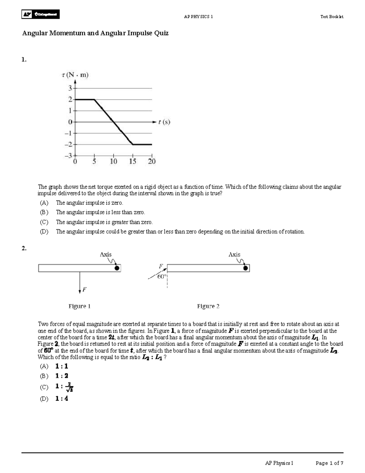 AP PHYSICS 1 Angular Momentum & Impulse Quiz 1-7 - Studocu