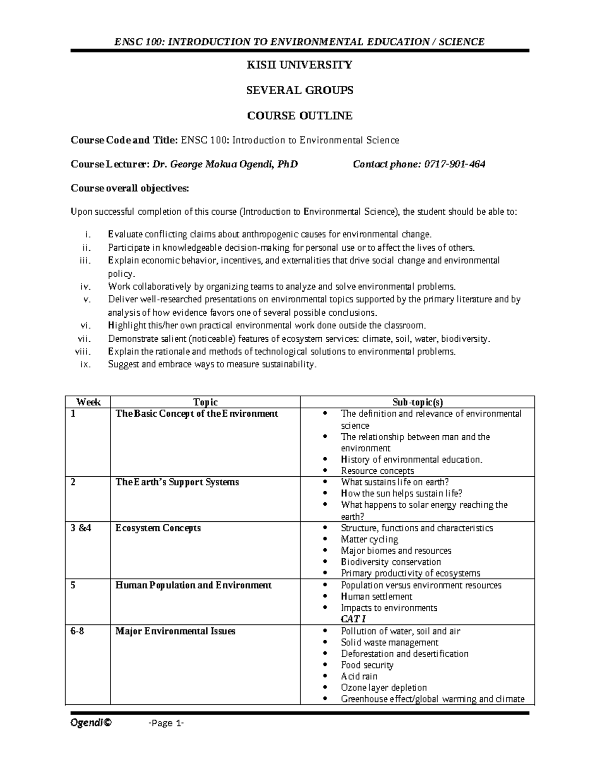 **ENSC 100: Course Outline & Environmental Science Overview** - Studocu