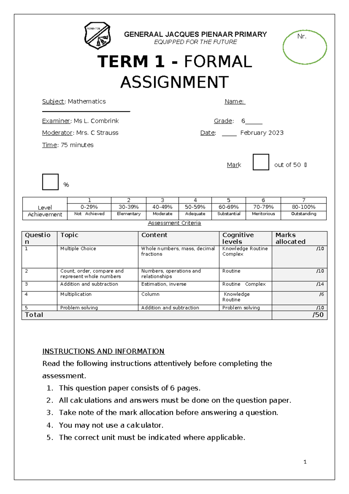 Grade 6 Term 1 Formal Assignment - Mathematics (FAT 1) - Studocu