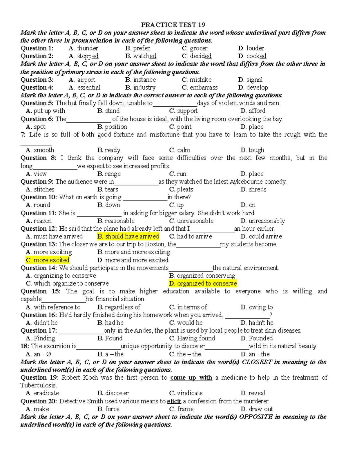 Practice TEST 19 - đừng tin - PRACTICE TEST 19 Mark the letter A, B, C ...