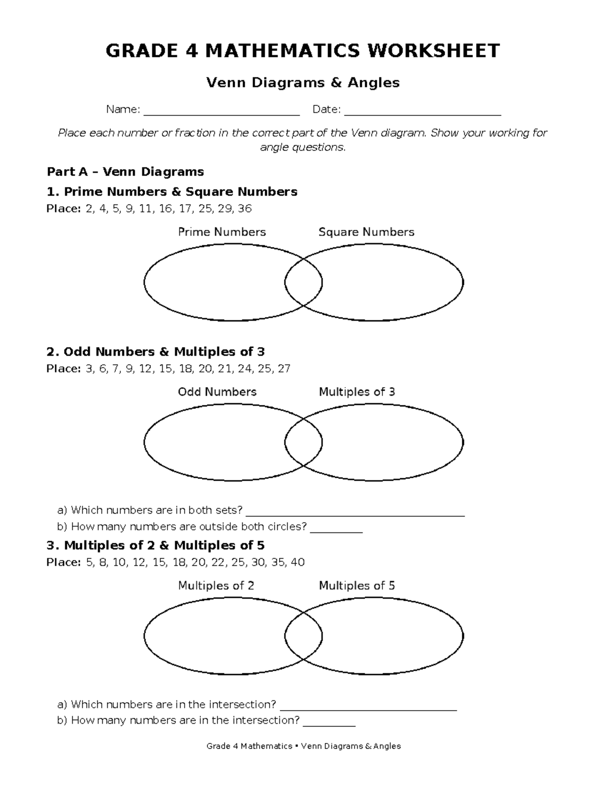 Grade 4 Math Worksheet: Venn Diagrams & Angles - Studocu