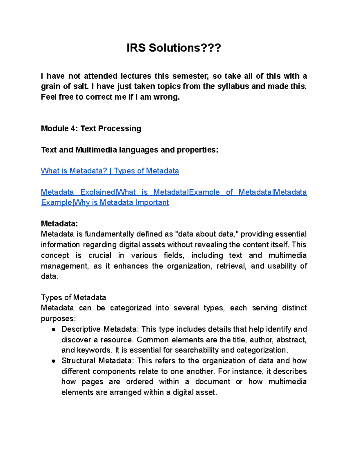 IRS Solutions: Key Concepts in Text Processing and Metadata - Studocu
