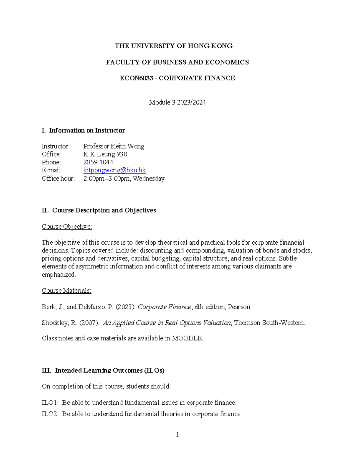 ECON6033 - Corporate Finance Course Outline & Overview 2023/24 - Studocu