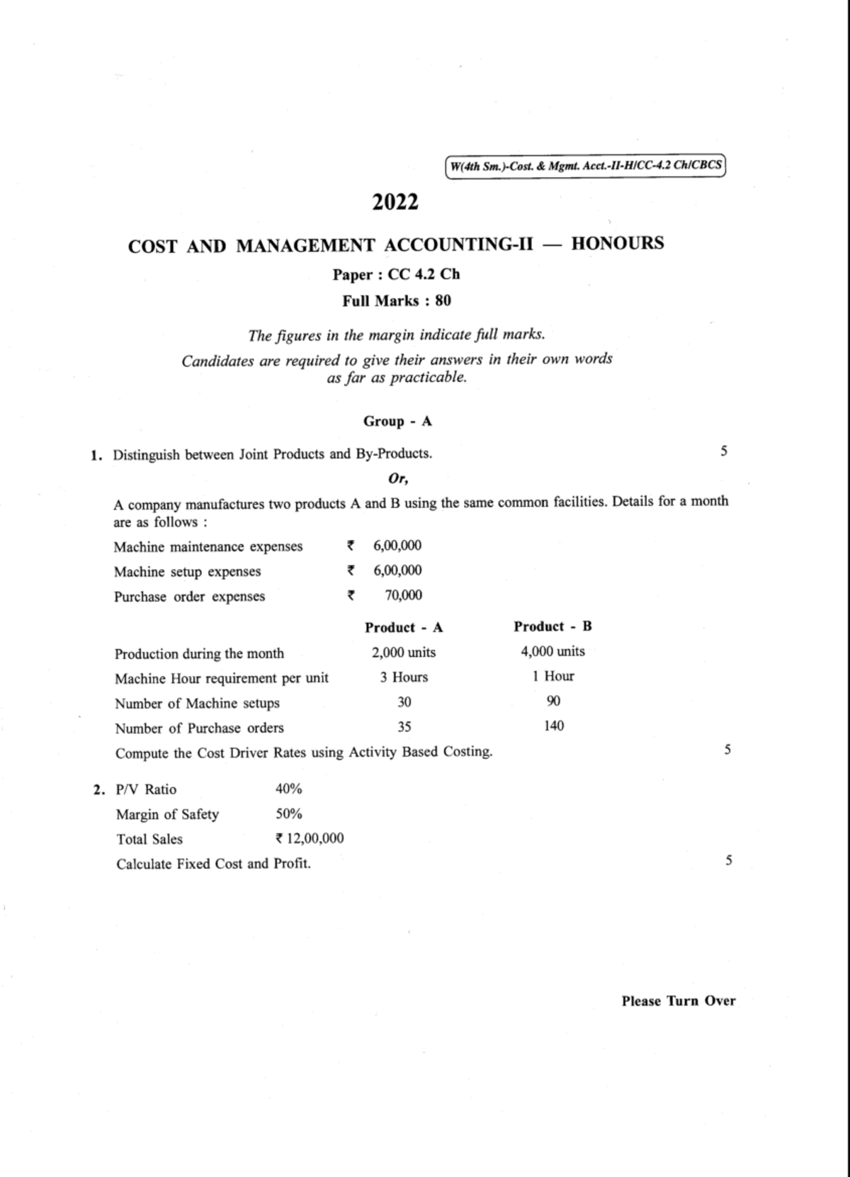 COST AND MANAGEMENT ACCOUNTING II: CC 4.2 CH Full Marks 80 - Studocu
