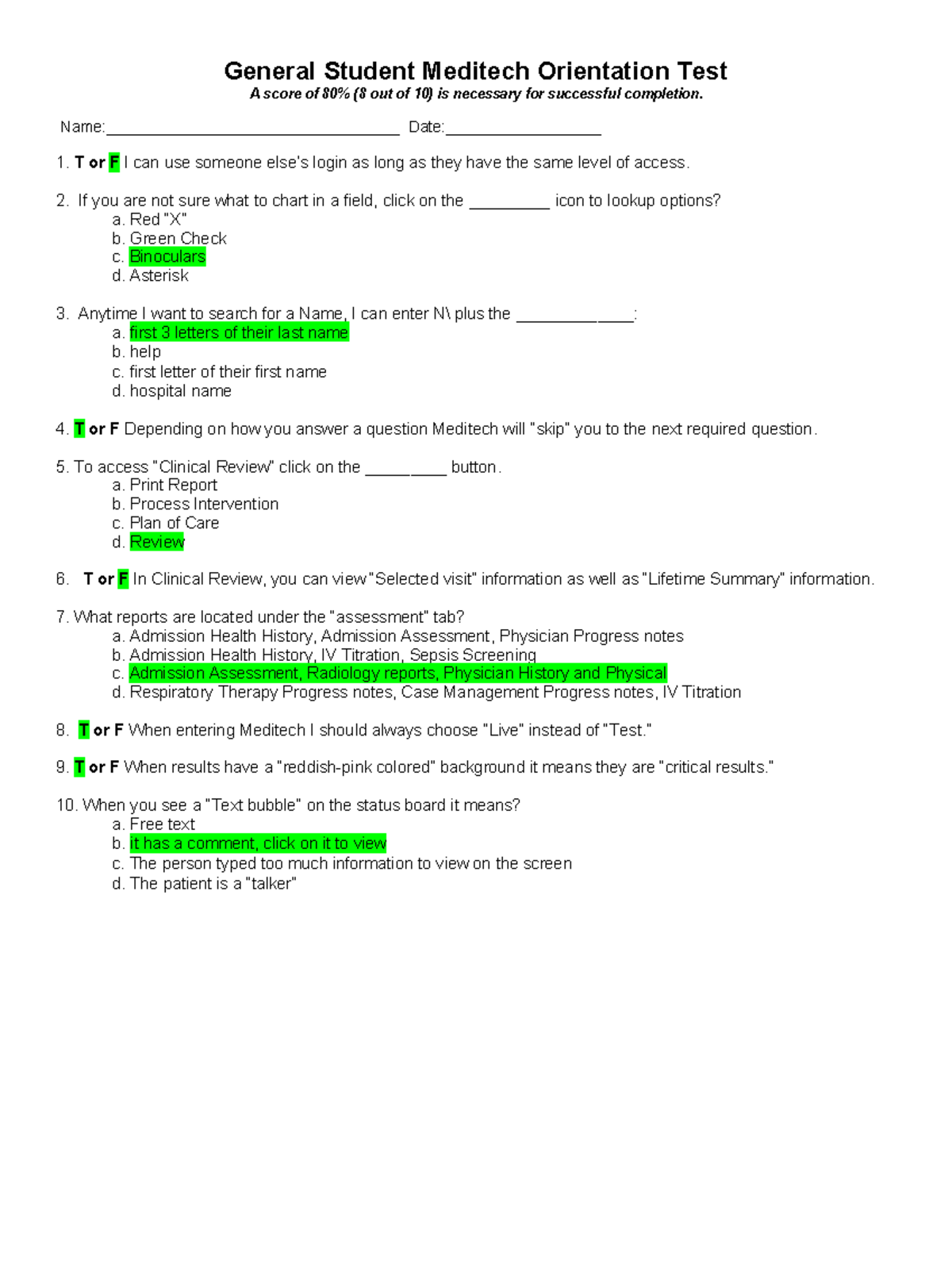General Student Meditech Orientation Test (Score: 8/10) - Studocu