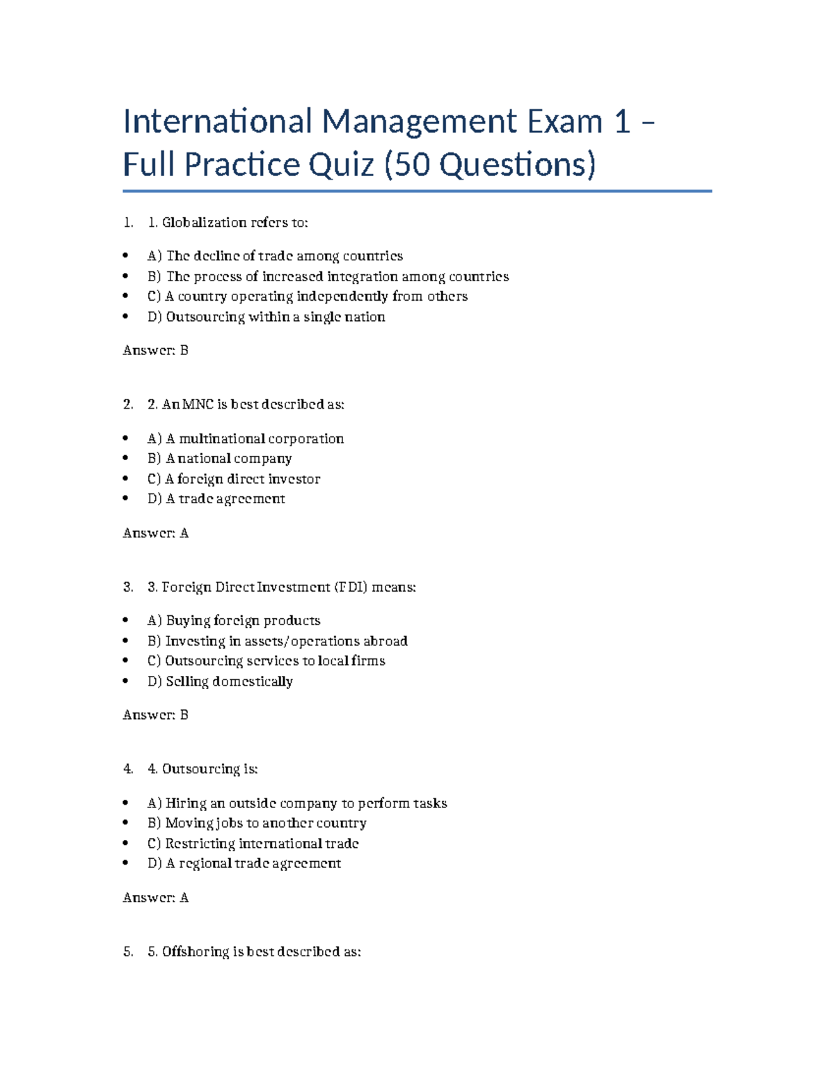 International Management IM 101 - Full Practice Quiz (50 Qs) - Studocu