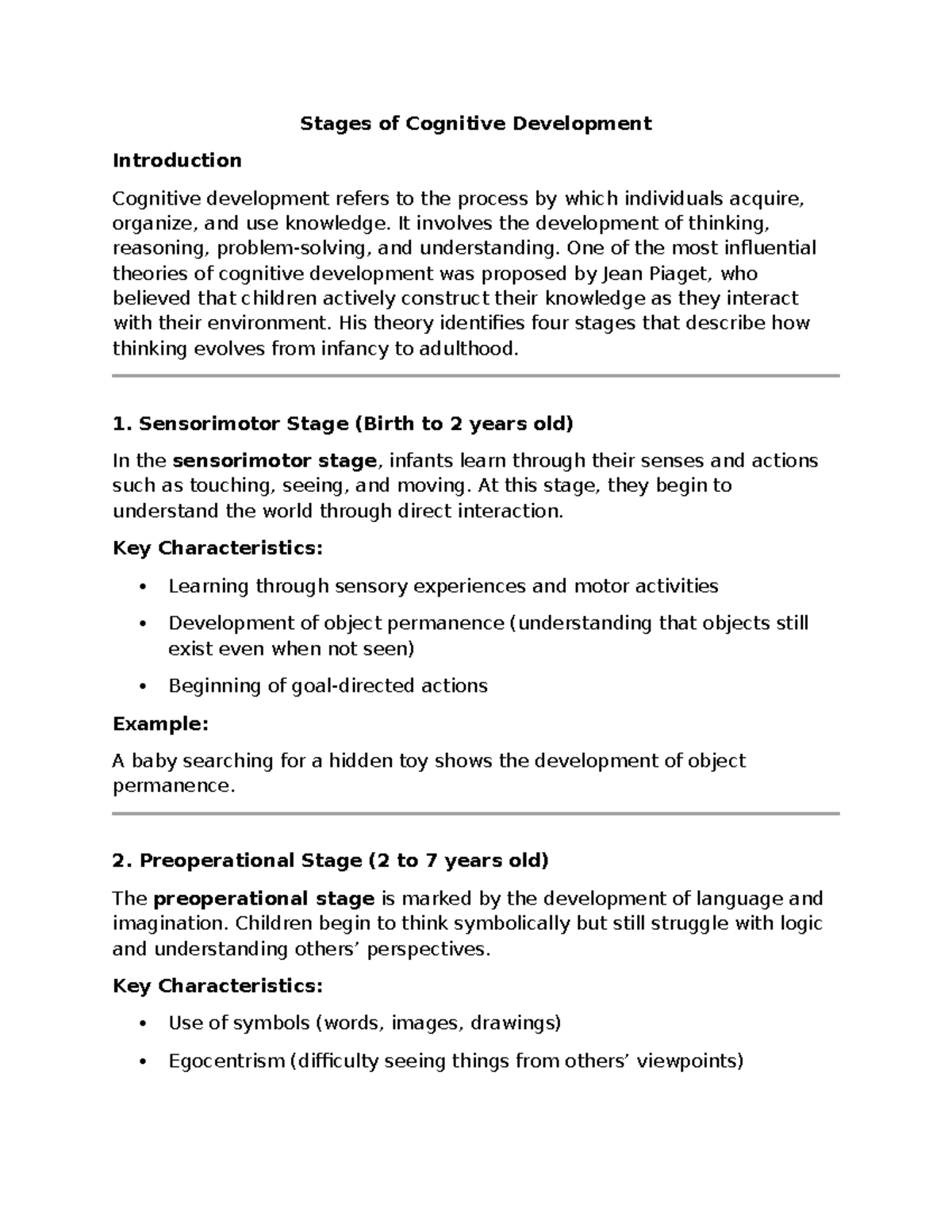 Cognitive Development Stages: Insights from Piaget's Theory - Studocu