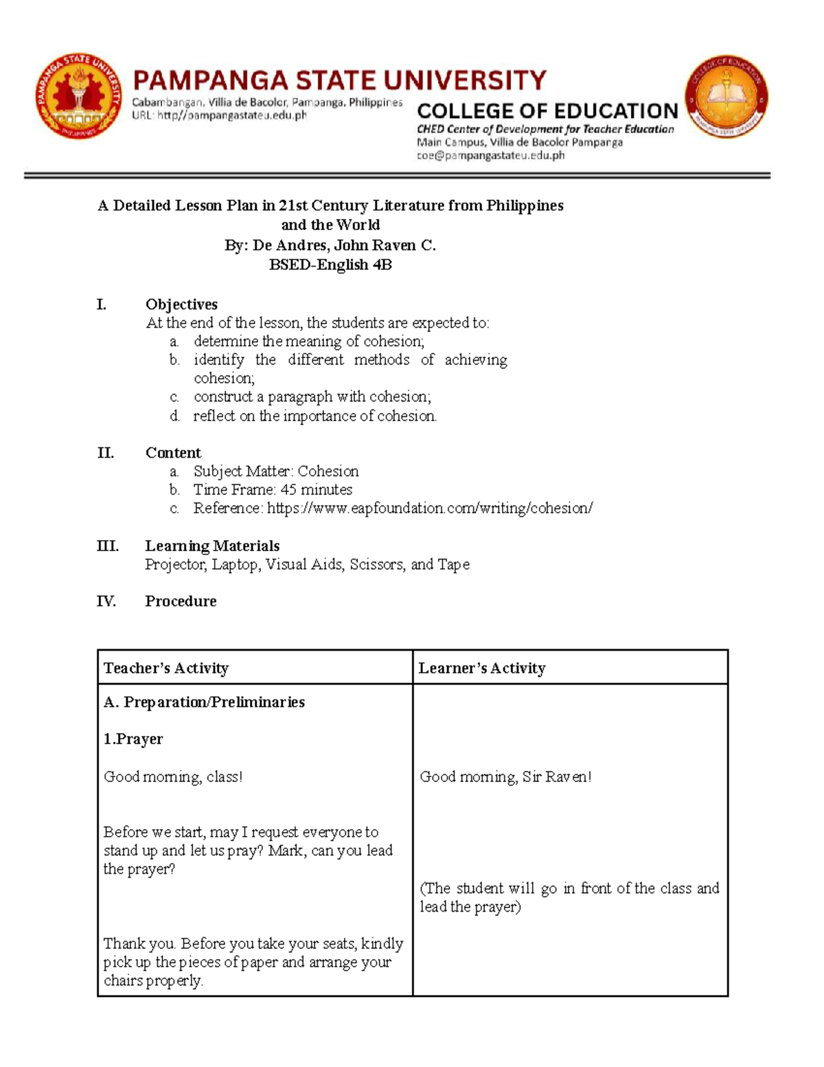DLP3: Lesson Plan on Cohesion in 21st Century Literature - Studocu