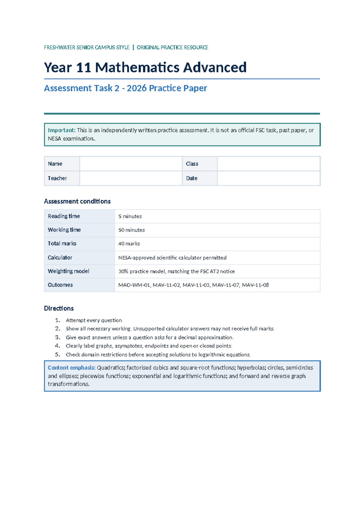 Year 11 NSW Mathematics Advanced AT2 Practice Assessment Paper - Studocu