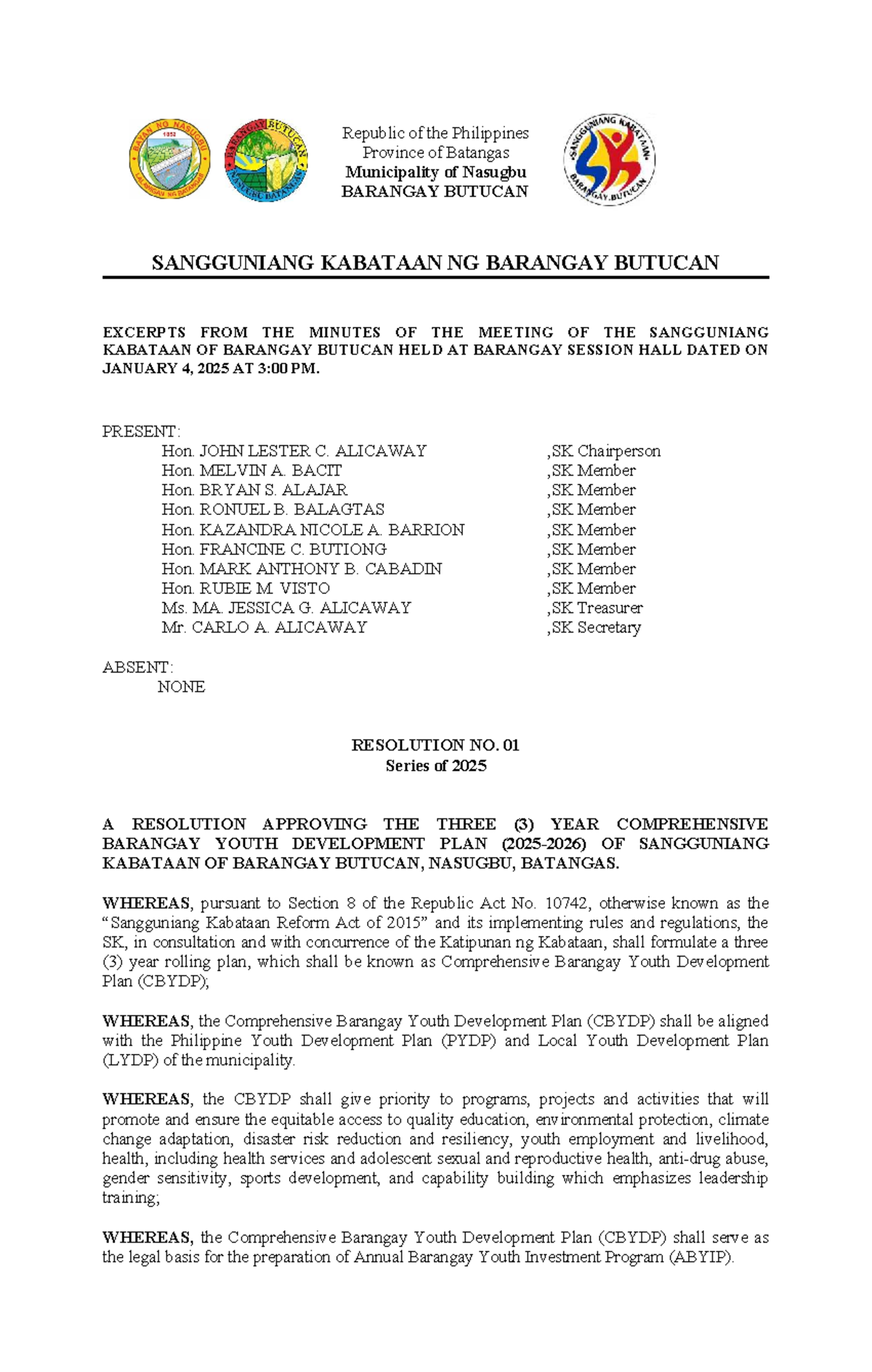 SK Meeting Minutes: Resolution on 3-Year Youth Dev Plan - Butucan - Studocu