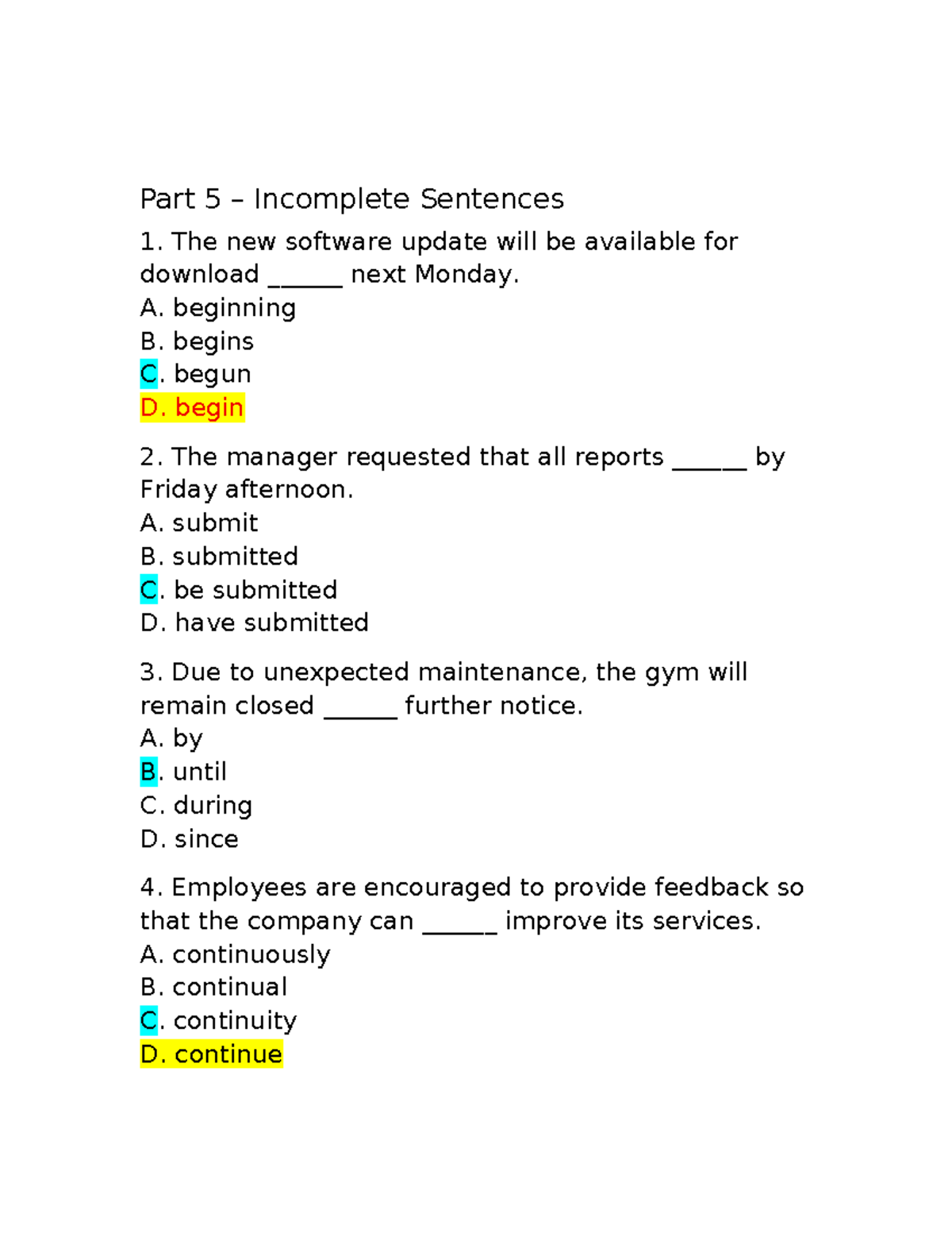 Part 5 & 7: Incomplete Sentences & Reading Comprehension Questions ...