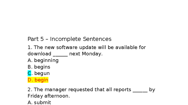 Part 5 & 7: Incomplete Sentences & Reading Comprehension Questions ...