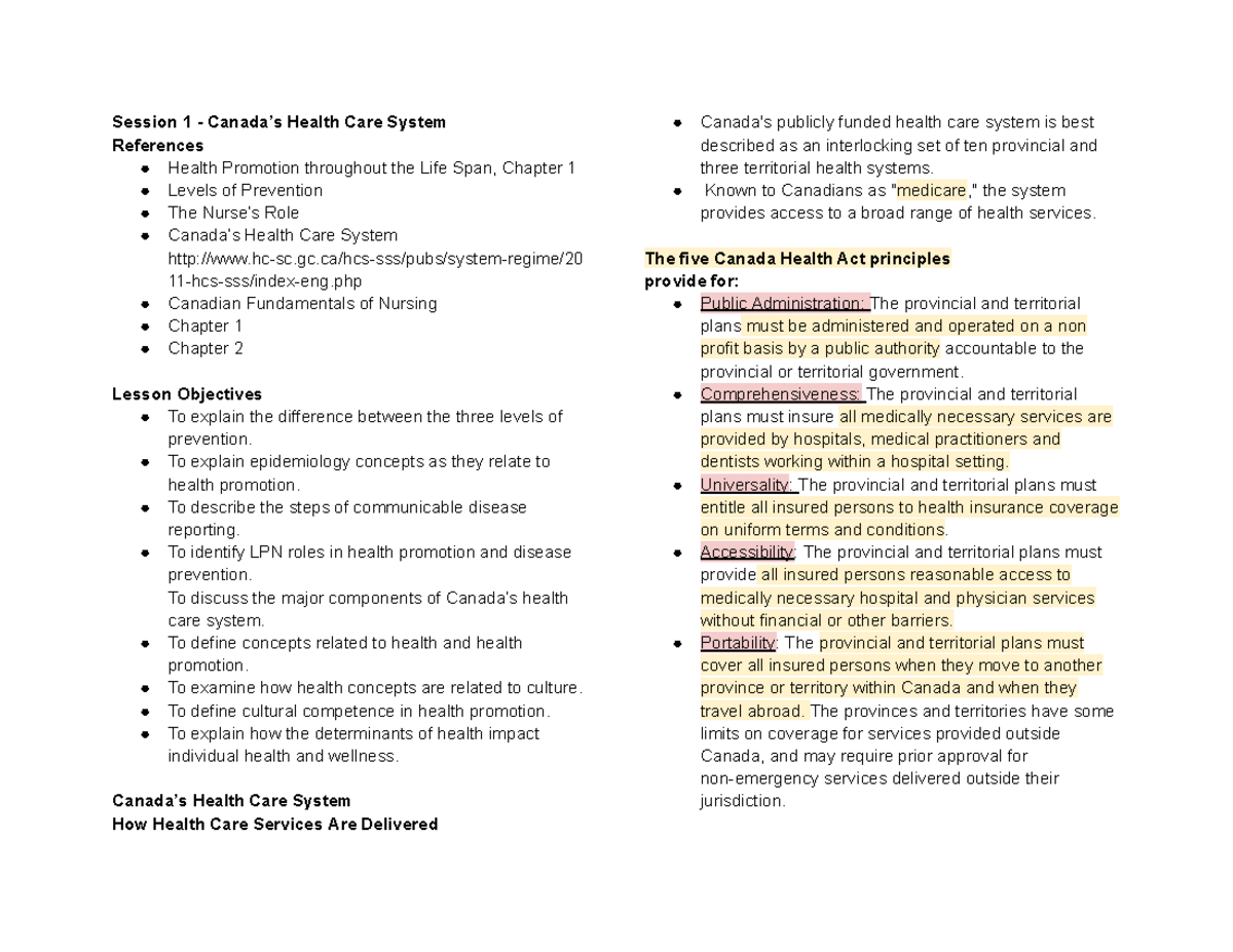 Session 1 - Canada's Health Care System Overview - Studocu