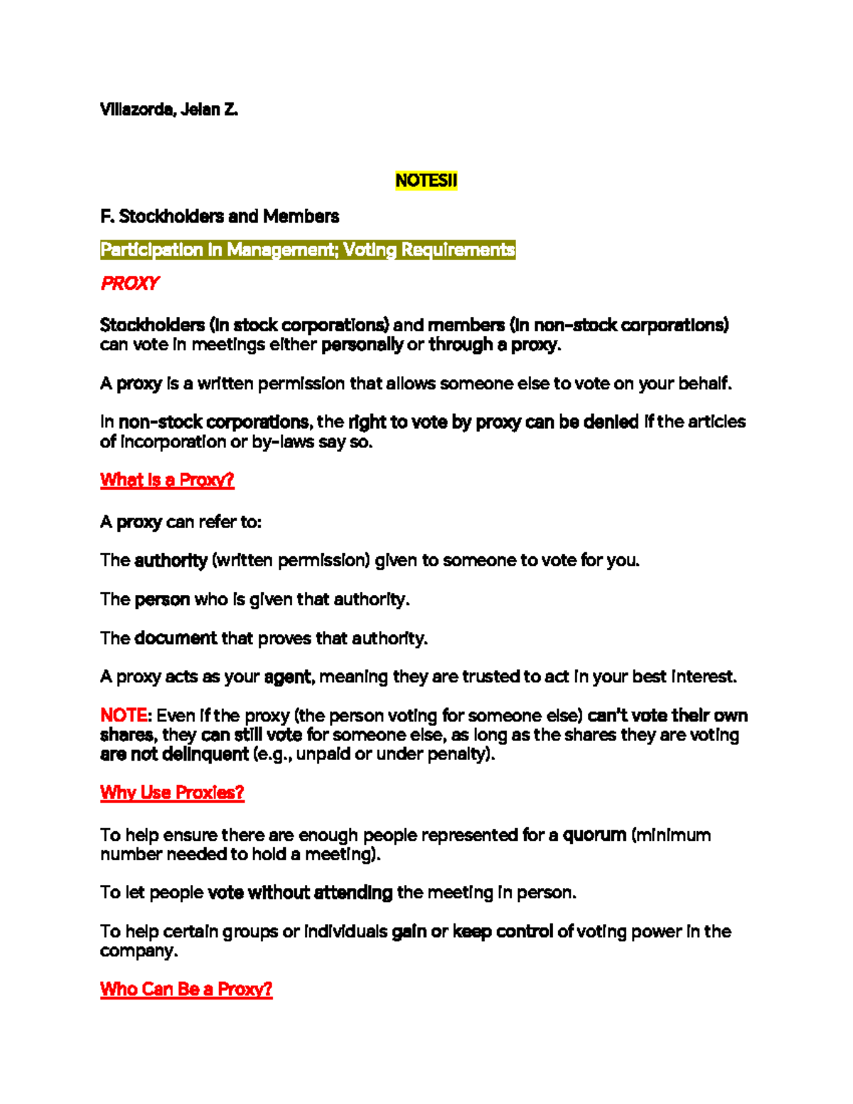 LAW 101: Proxy Voting and Stockholder Rights Overview - Studocu