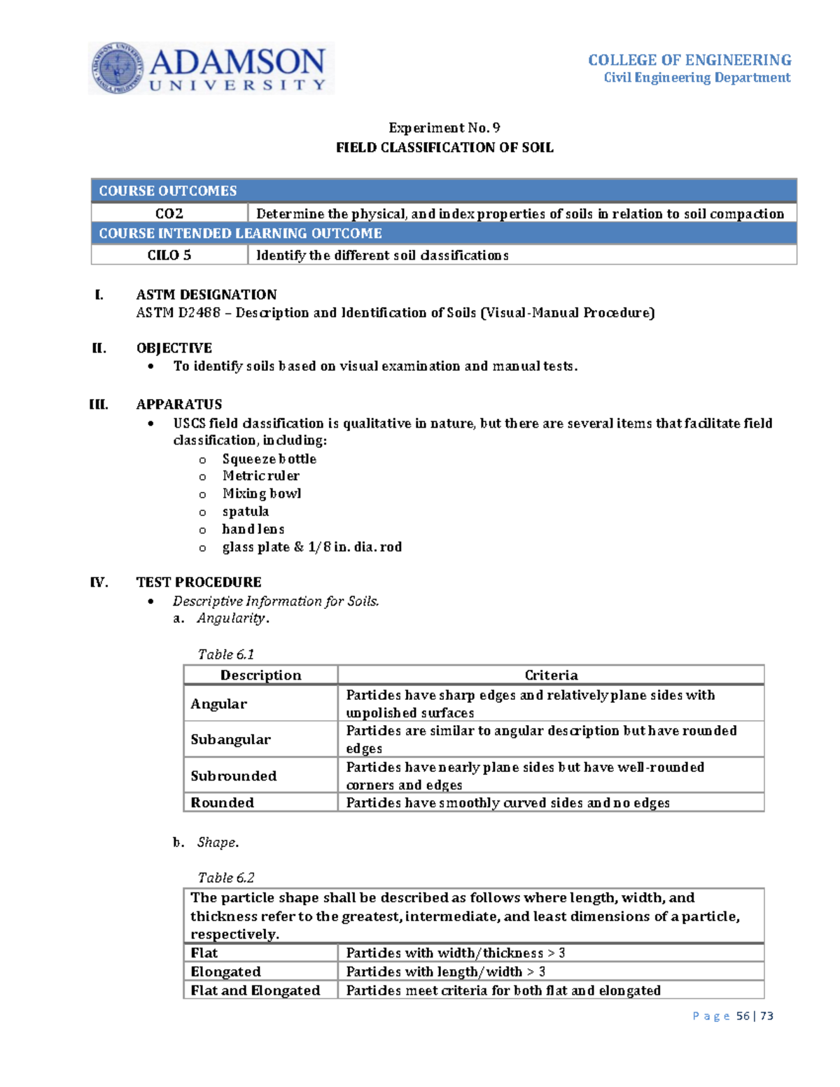 CIV 101 - Lab Report: Field Classification of Soils (Exp. No. 9) - Studocu