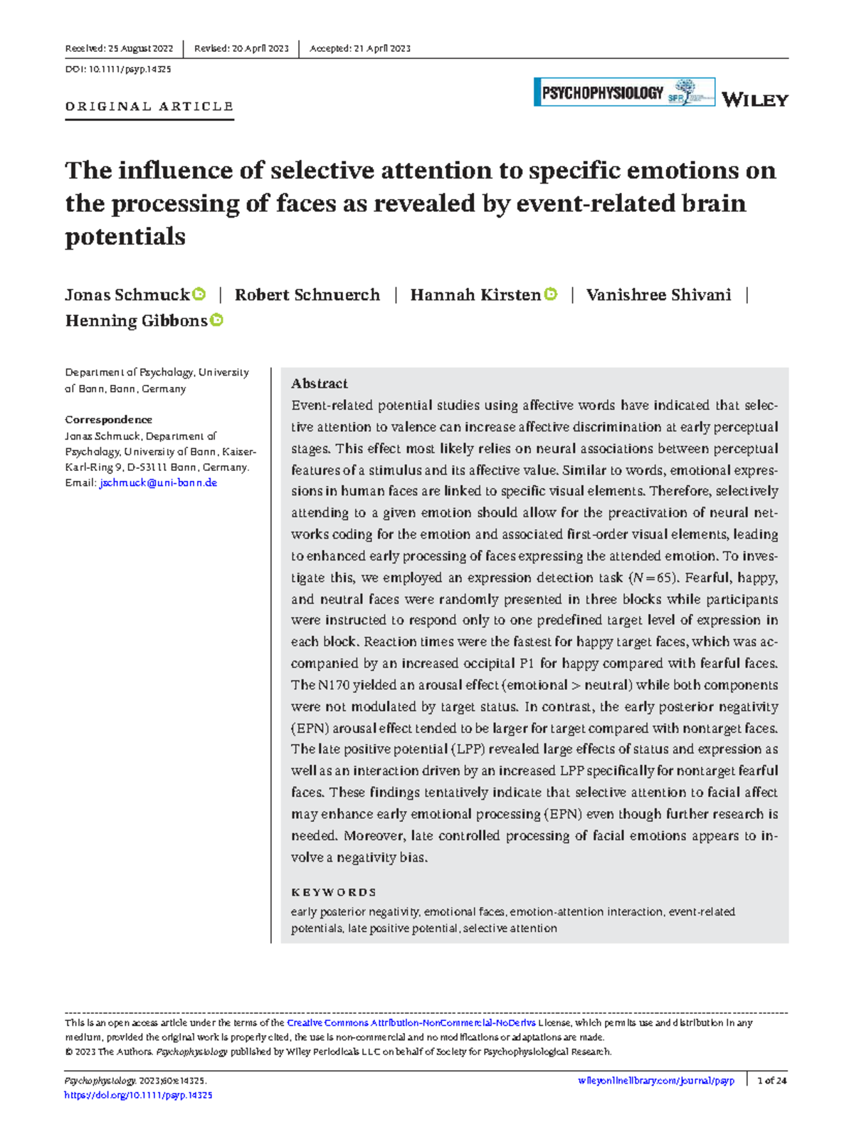 The Influence of Selective Attention on Emotional Face Processing: EEG ...