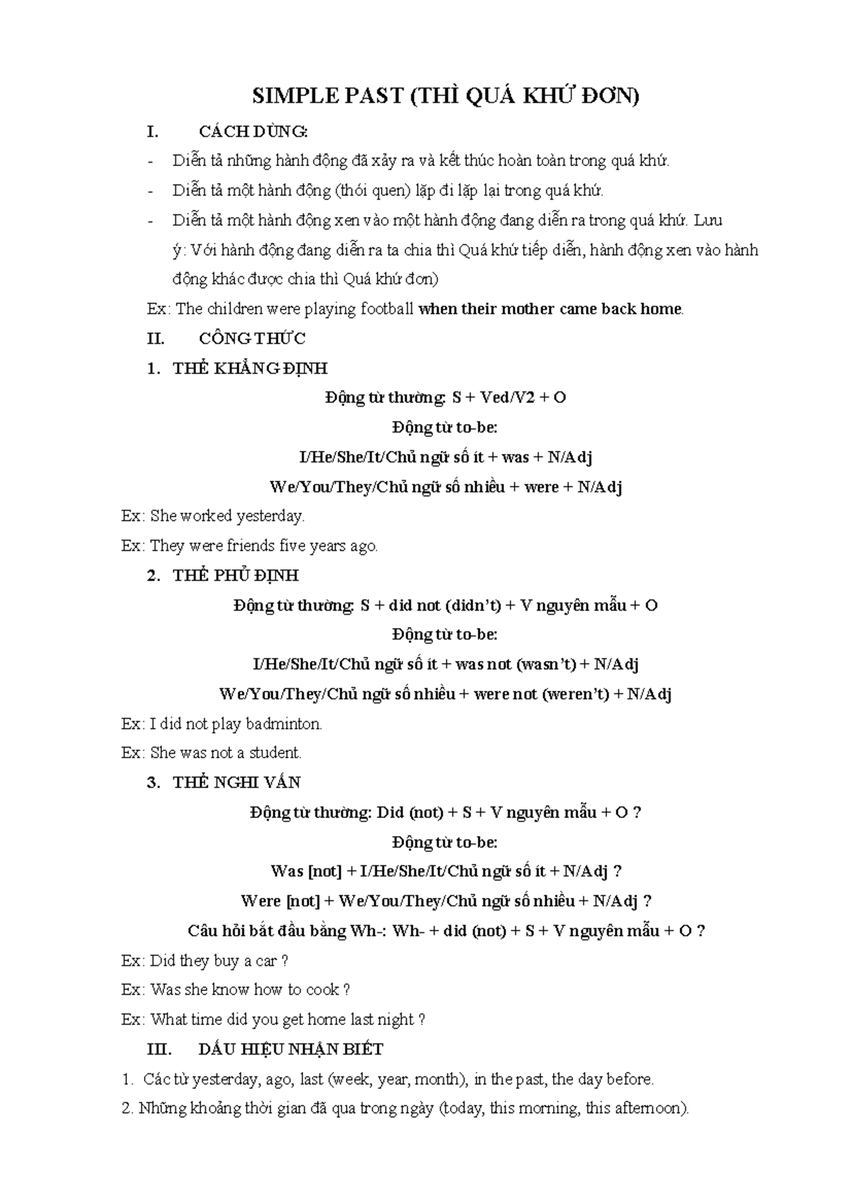 SIMPLE PAST (THÌ QUÁ KHỨ ĐƠN) - CÁCH DÙNG VÀ CÔNG THỨC - Studocu