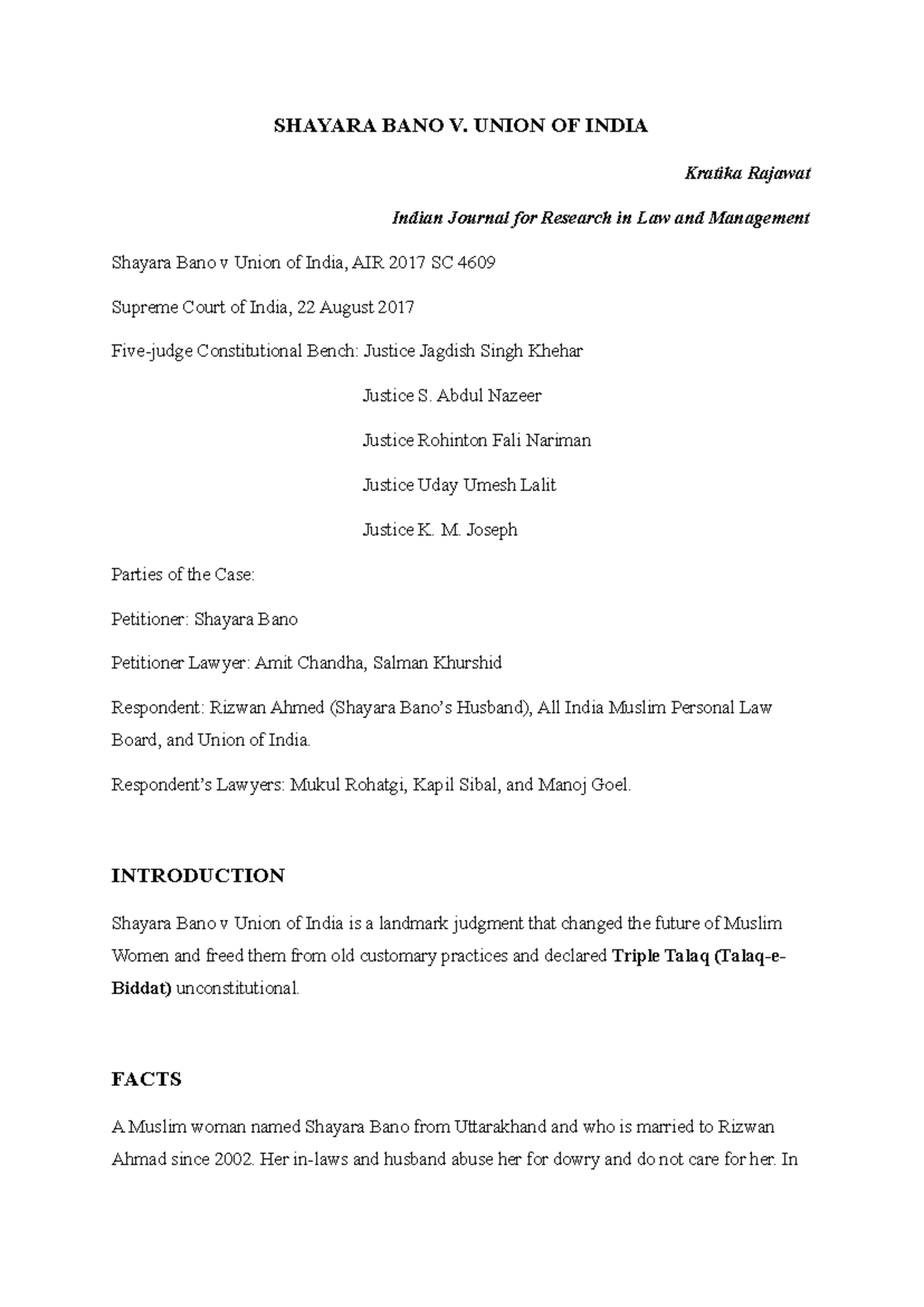Shayara Bano v. Union of India: Landmark Judgment Analysis - Studocu