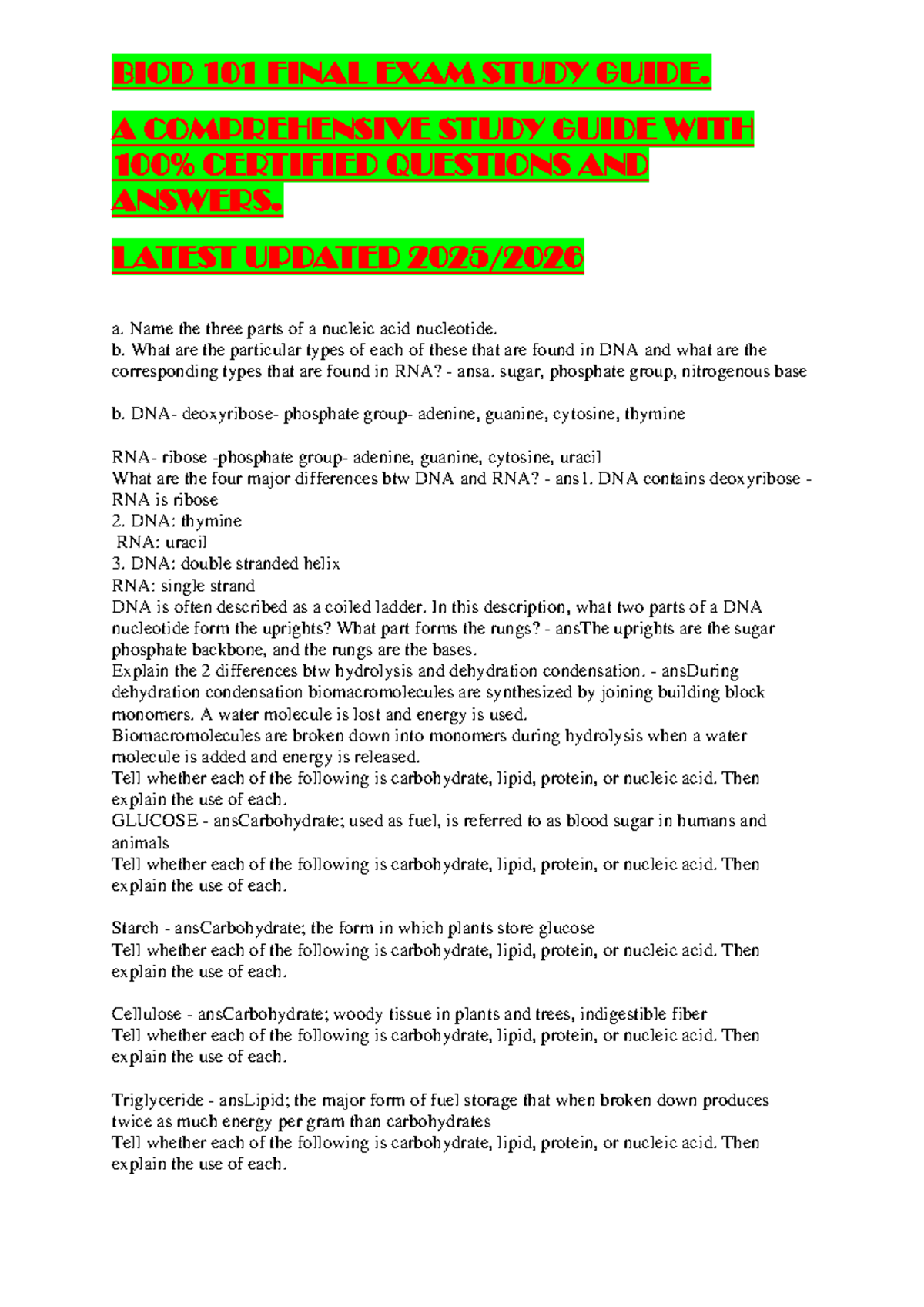 BIOD 101 FINAL EXAM STUDY GUIDE - UPDATED 2025 WITH KEY CONCEPTS - Studocu