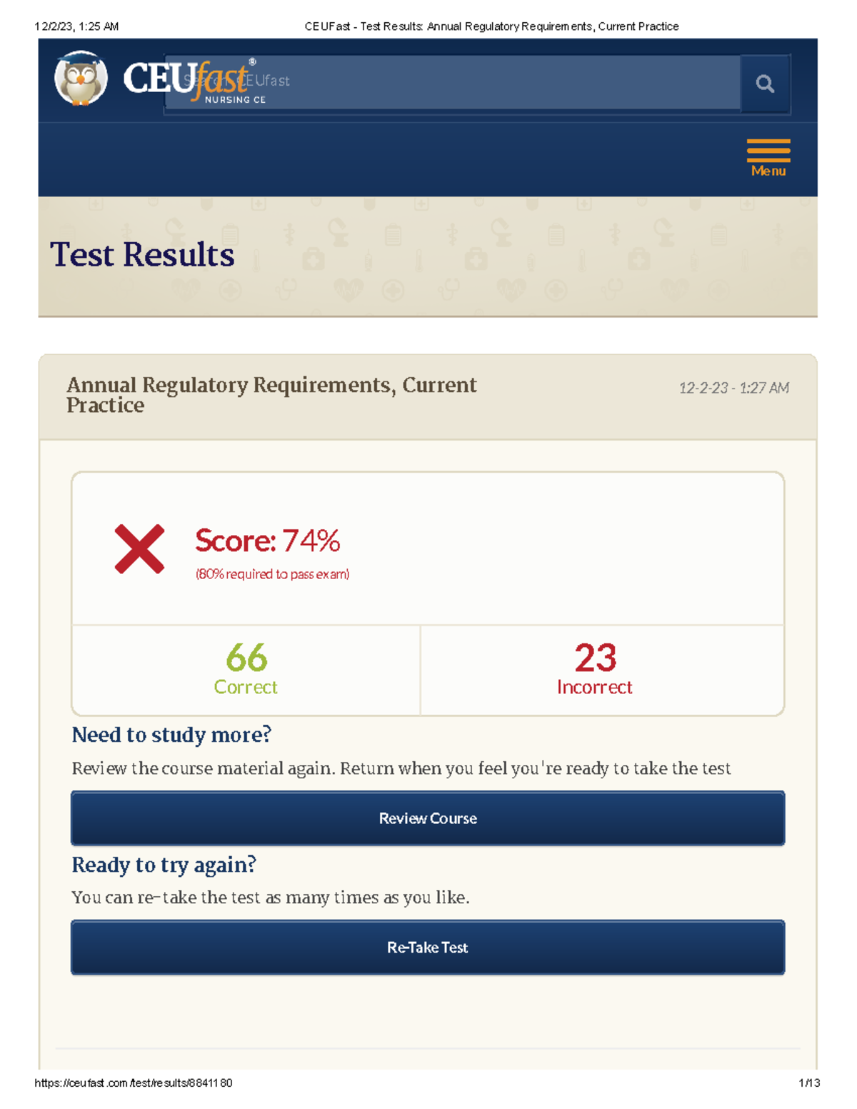 CEUFast - Annual Test Results: Regulatory Requirements Review - Studocu