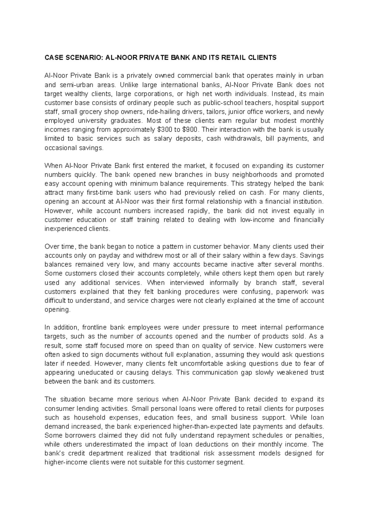 CASE STUDY: AL-NOOR PRIVATE BANK & RETAIL CLIENTS - Studocu