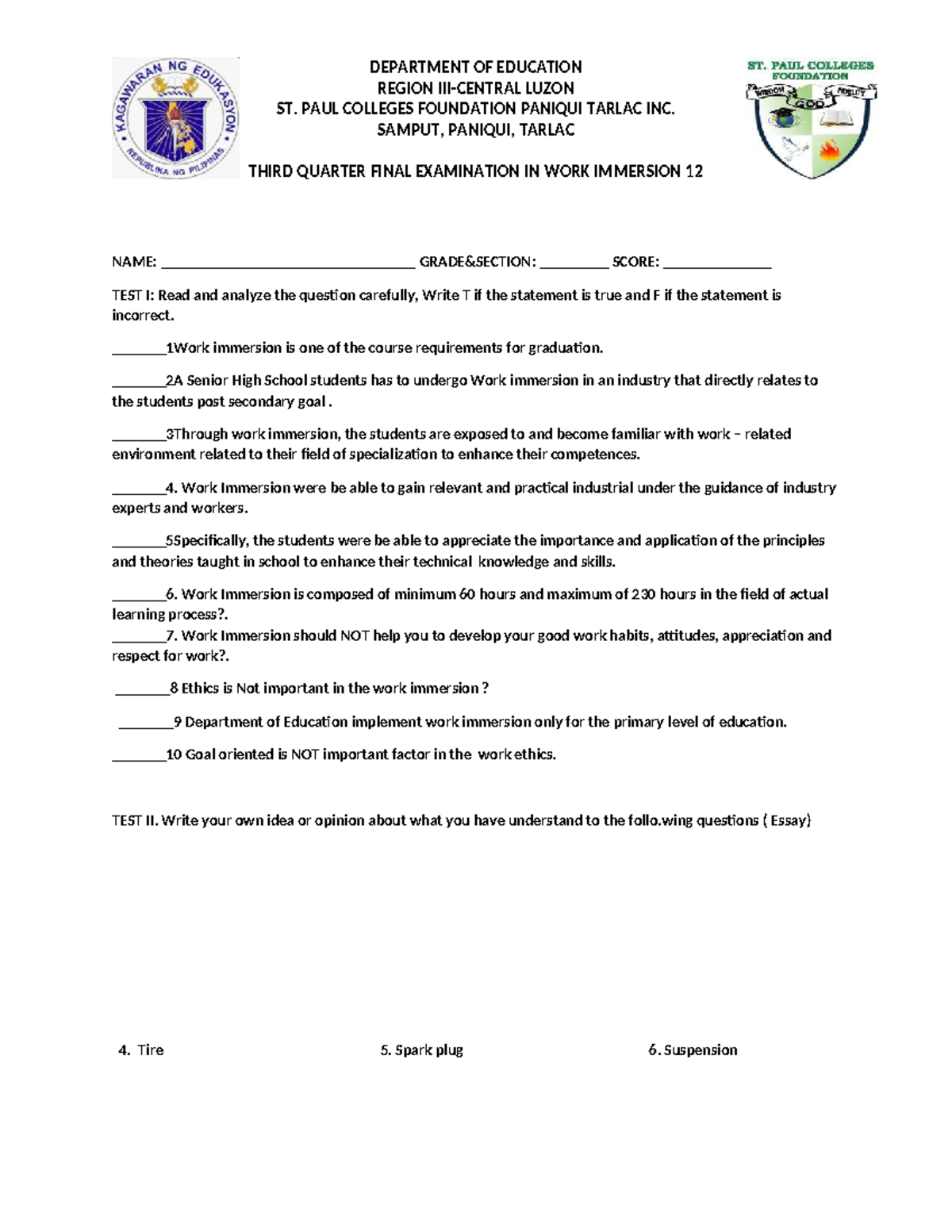 Work Immersion 12 - Third Quarter Final Exam Review Notes - Studocu