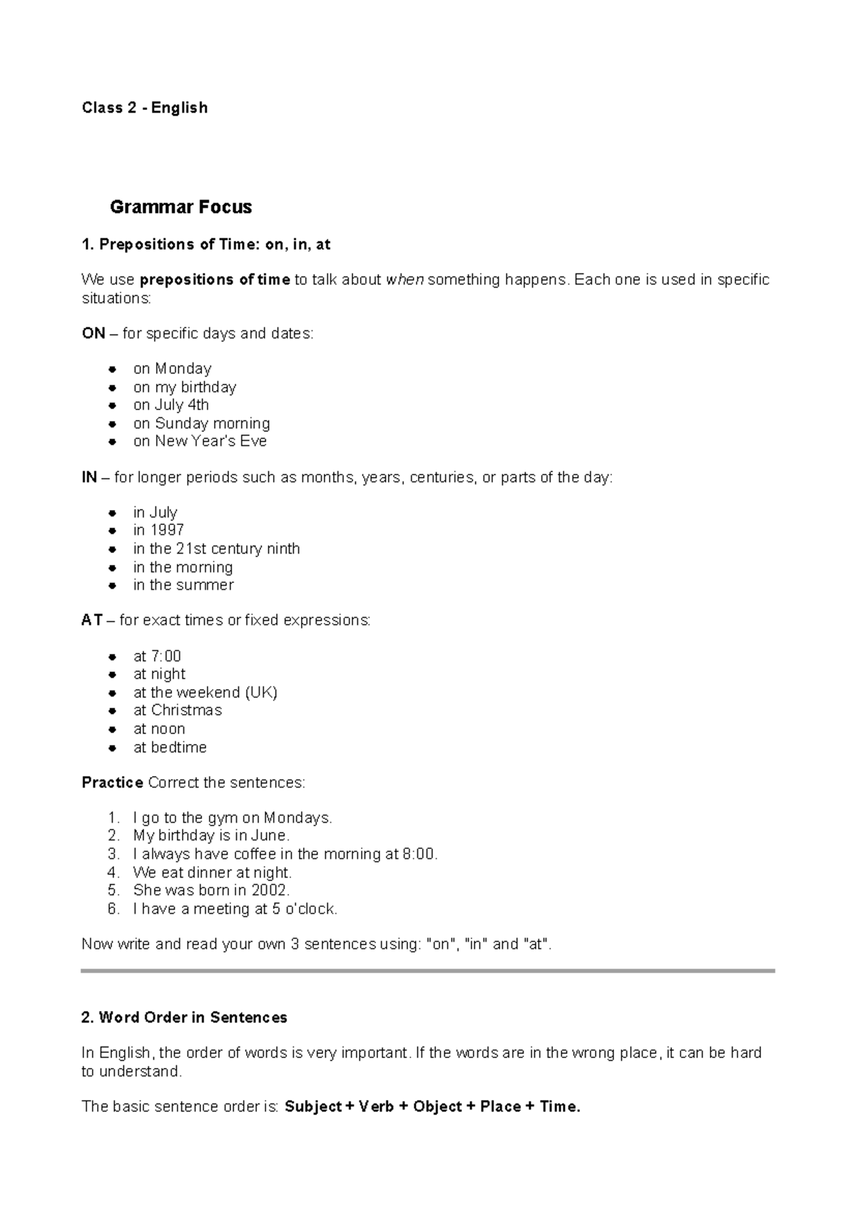 Class 2 English Grammar Focus 1: Prepositions of Time and Sentence ...