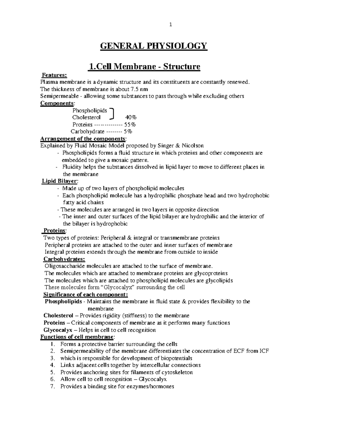1 GENERAL PHYSIOLOGY: Cell Membrane & Muscle Physiology Notes - Studocu