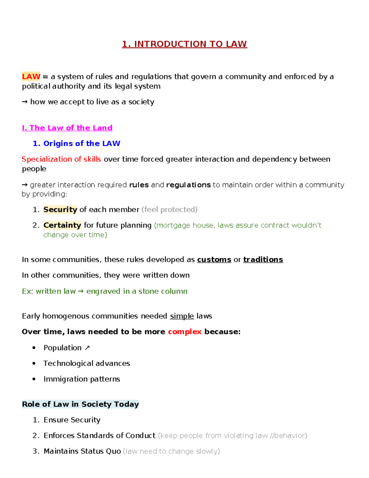 Comm 315 Midterm 1 (chpt 1-2-3) Full notes - 1. INTRODUCTION TO LAW LAW ...