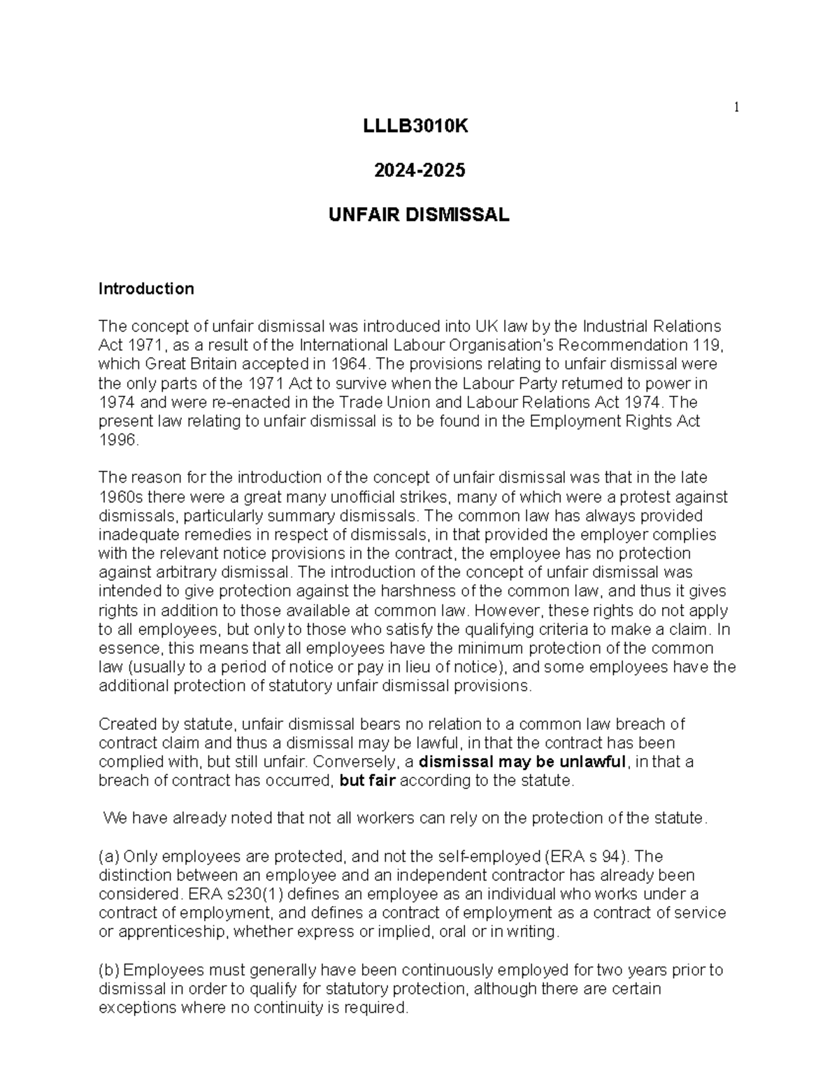 Unfair Dismissal Overview: Key Concepts and Legal Framework - Studocu