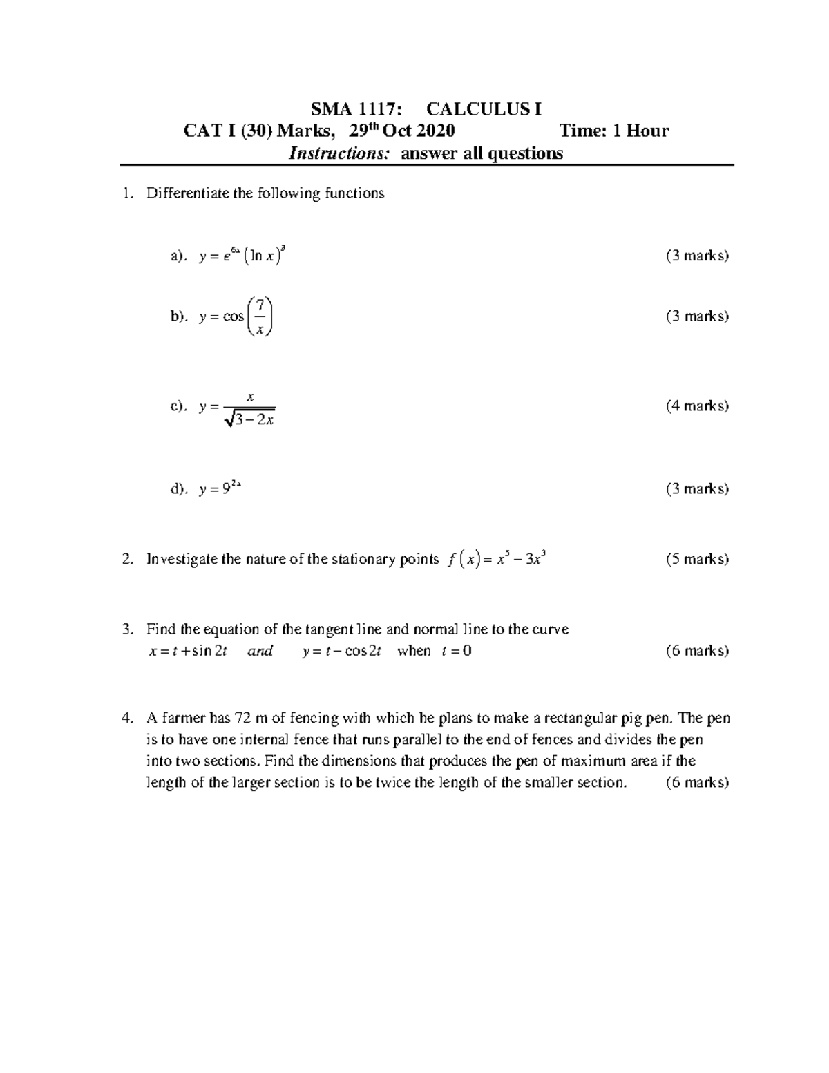 SMA 1117 Calculus I CAT 2 Revision Questions - 29 Oct 2020 - Studocu