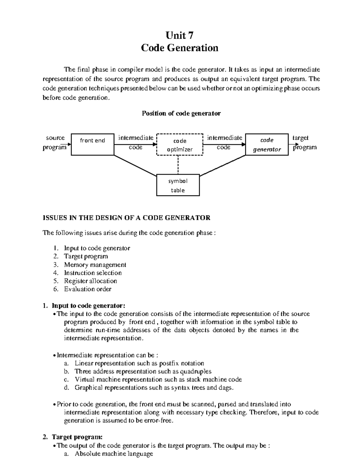 Unit-7 - code generation - Unit 7 Code Generation The final phase in ...