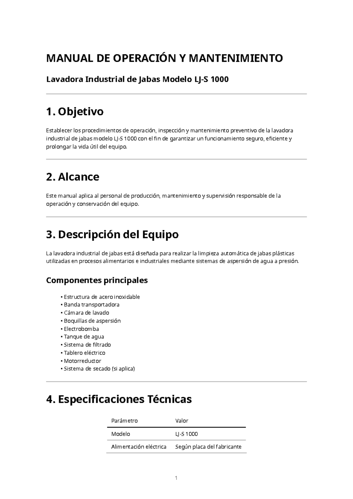 Manual de Operación y Mantenimiento de Lavadora Industrial de Jabas - Document Preview