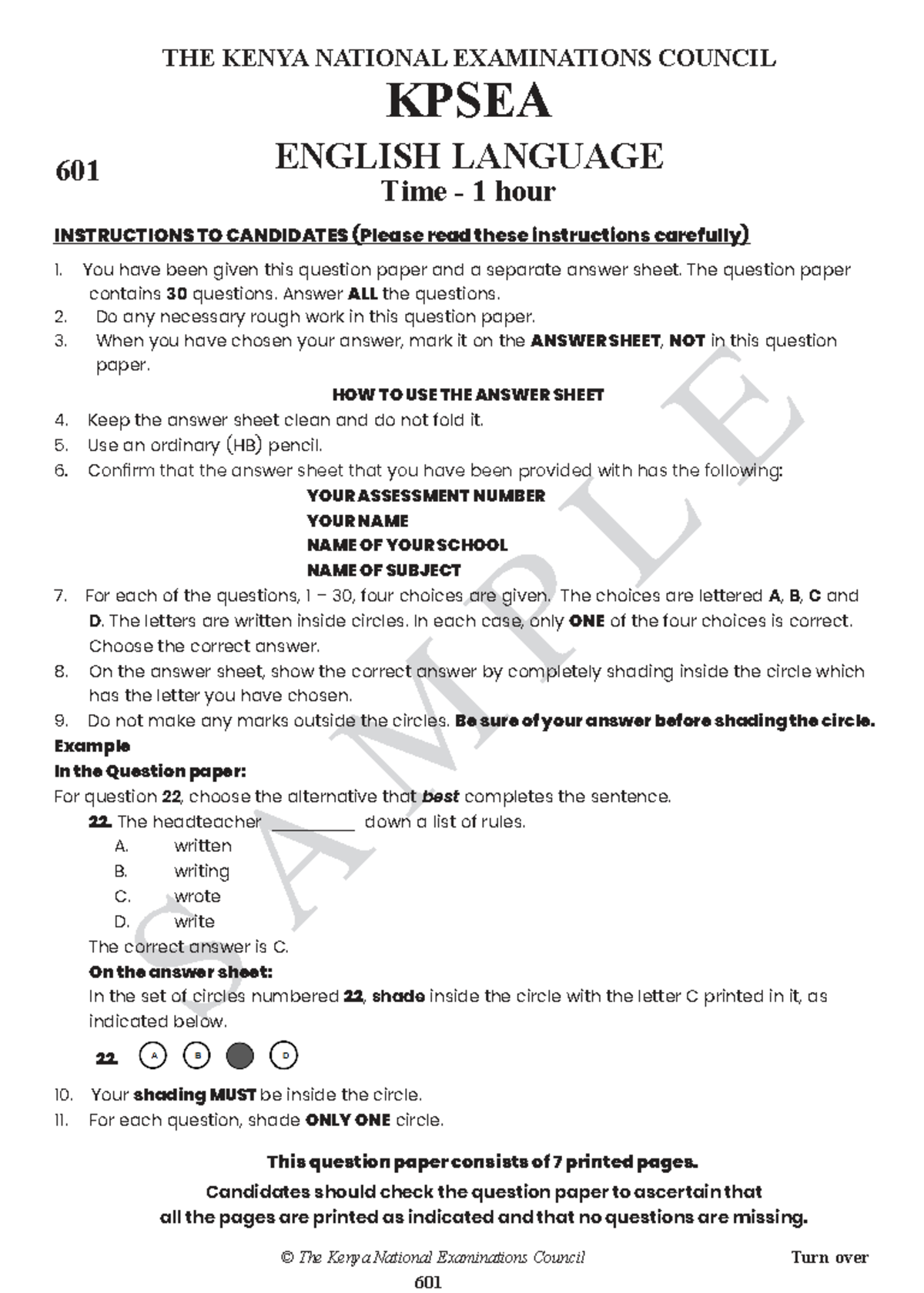 KPSEA English Language 601 Sample Question Paper Instructions - Studocu