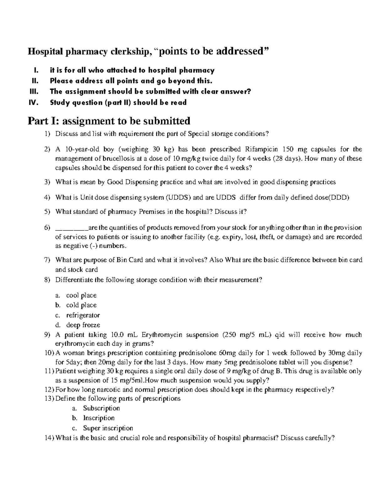 Hospital Pharmacy Clerkship Study Questions and Assignments - Studocu