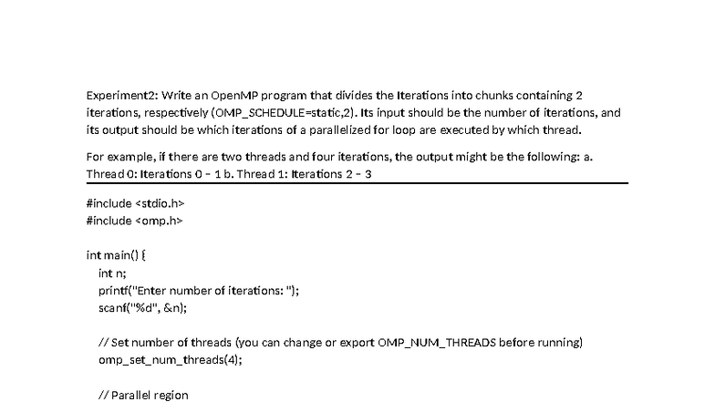 Exp2: OpenMP Program for Parallel Iteration Chunking - Studocu