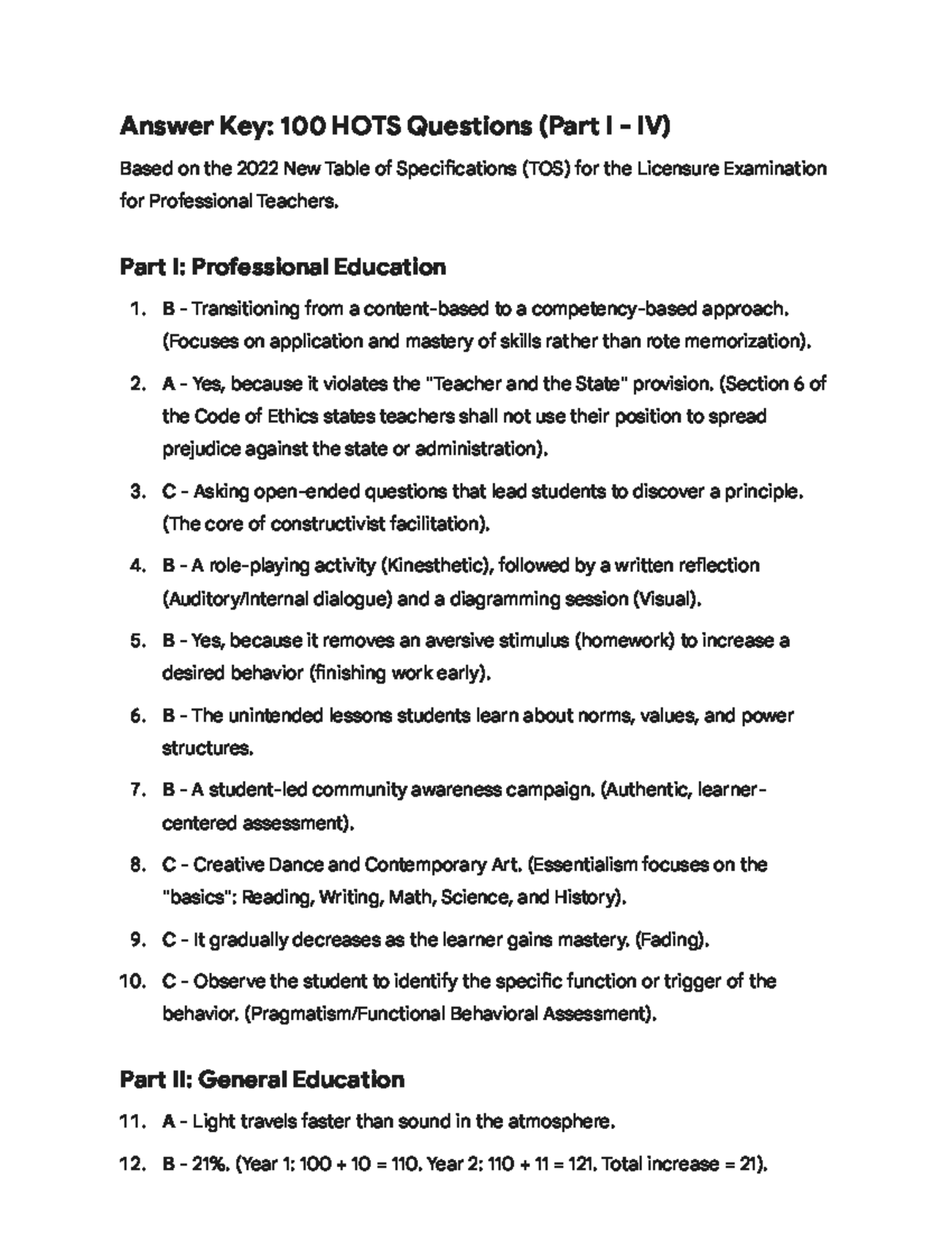 Answer Key: 100 HOTS Questions (Part I-IV) for Licensure Exam - Studocu