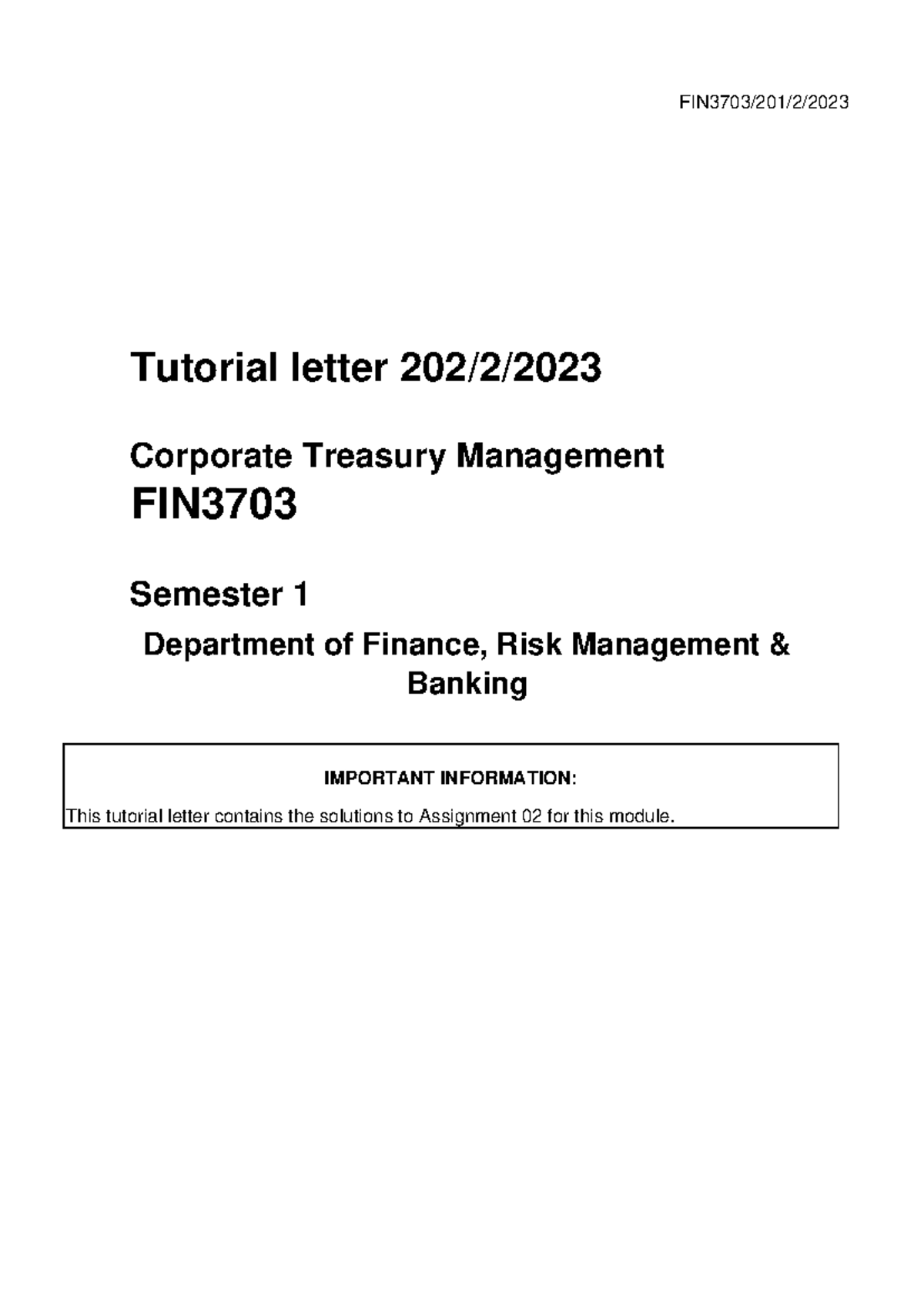Suggested Solutions to Assignment 02 - FIN3703 Tutorial Letter - Studocu