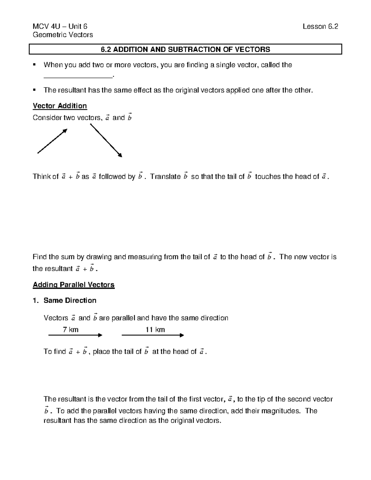 MCV 4U Unit 6 Geometric Vectors Lesson 6.2: Vector Addition ...
