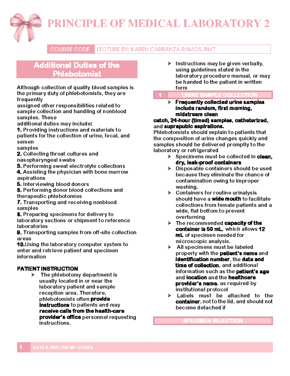 Principle of Medical Laboratory 2: Phlebotomist Duties & Specimen ...