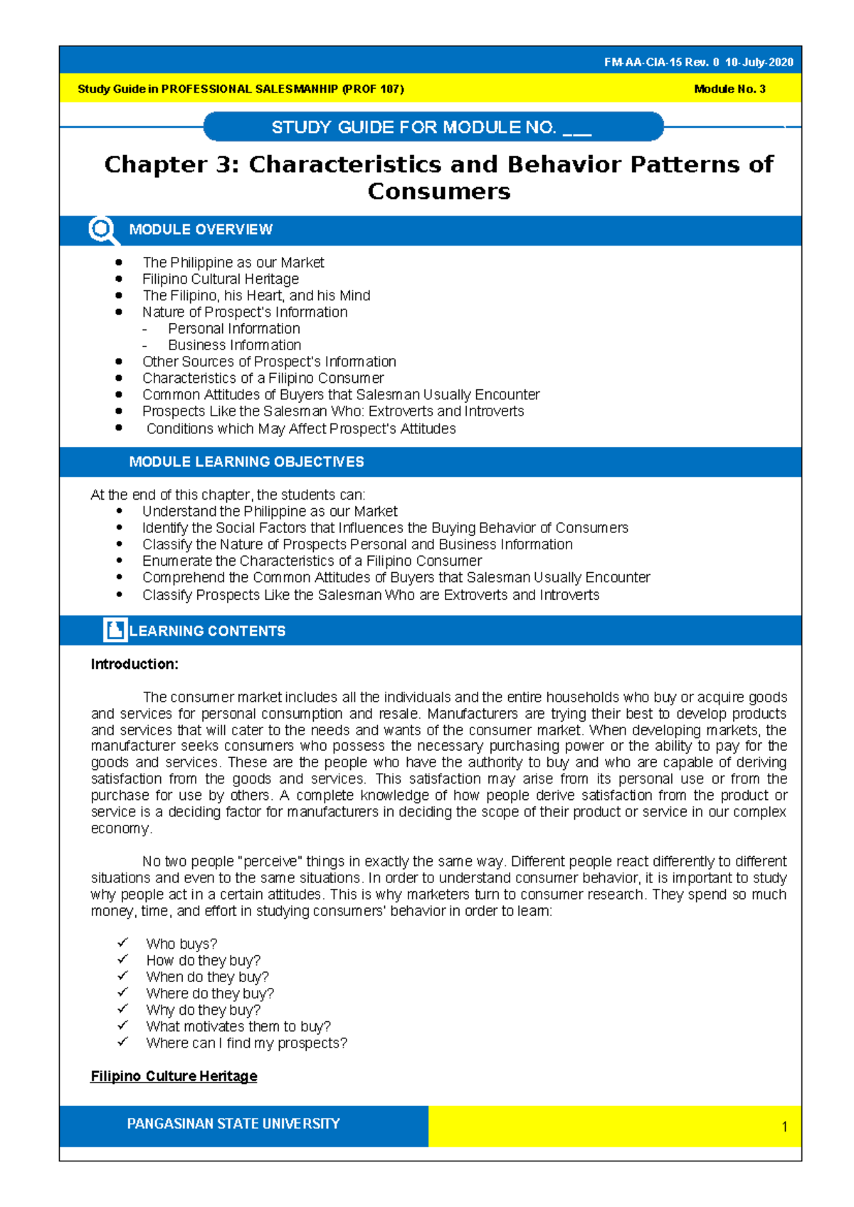 Study Guide for PROF 107 Module 3: Consumer Behavior Patterns - Studocu