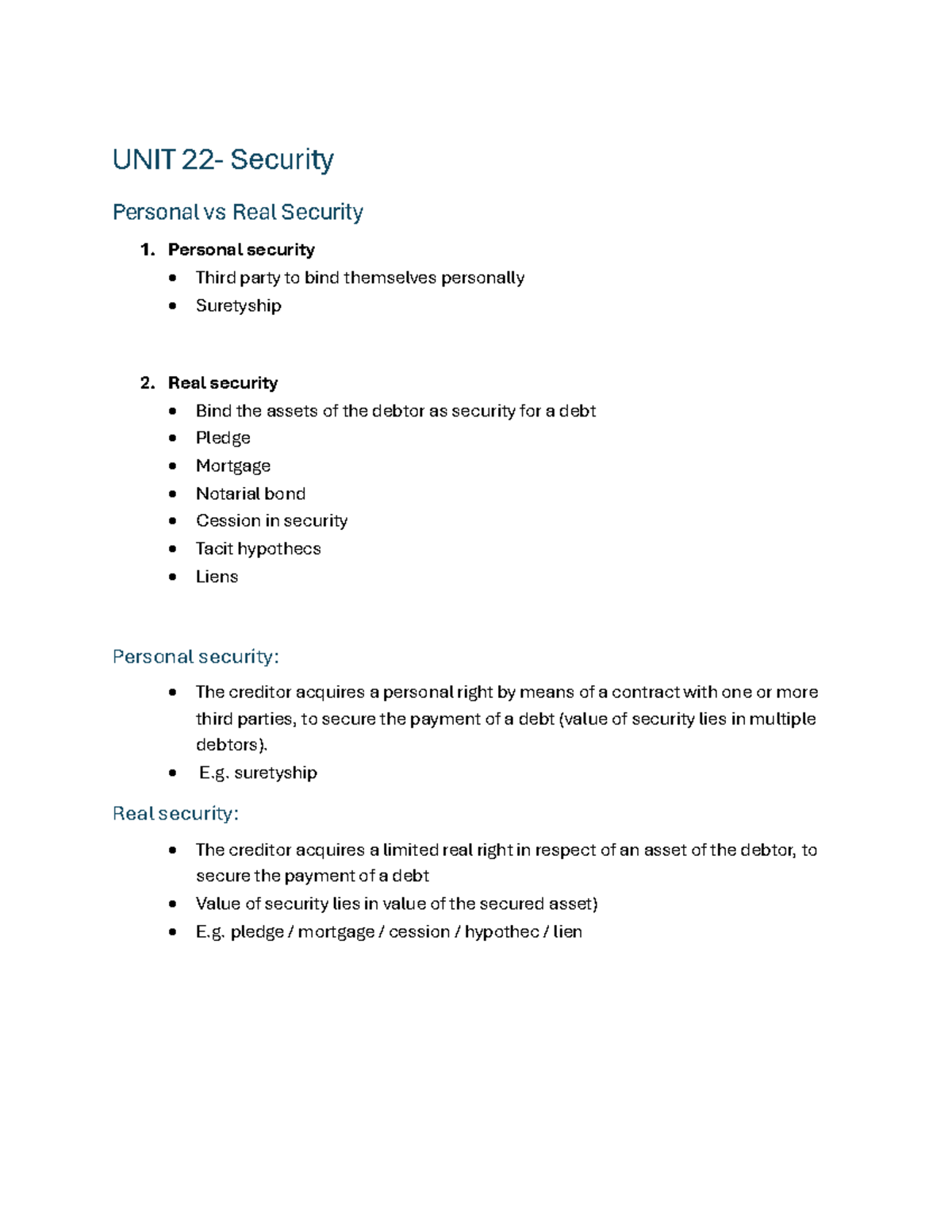 UNIT 22- Contract - Class notes - UNIT 22- Security Personal vs Real ...