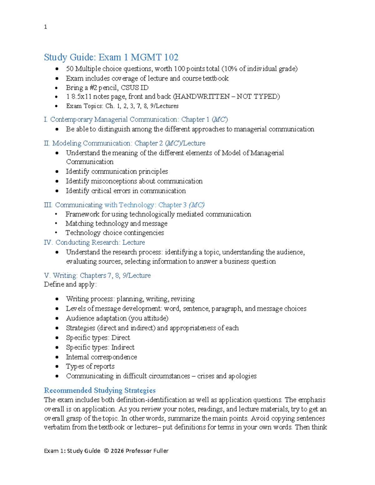 Exam 1 Study Guide for MGMT 102: Key Concepts & Strategies - Studocu
