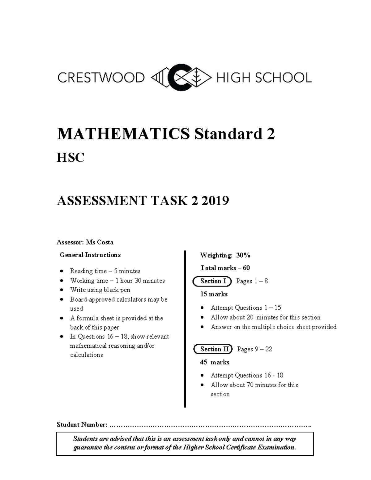 Year 12 Mathematics Standard 2 Assessment Task 2 - 2019 - Studocu