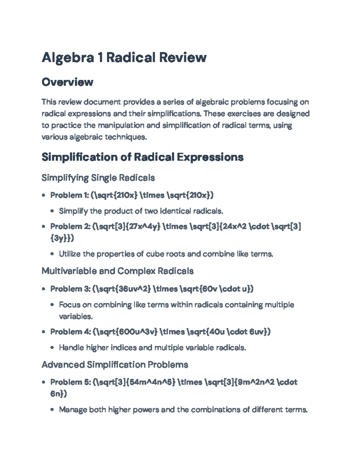 Algebra 1: Final Exam Study Guide for Simplifying Radicals - Studocu