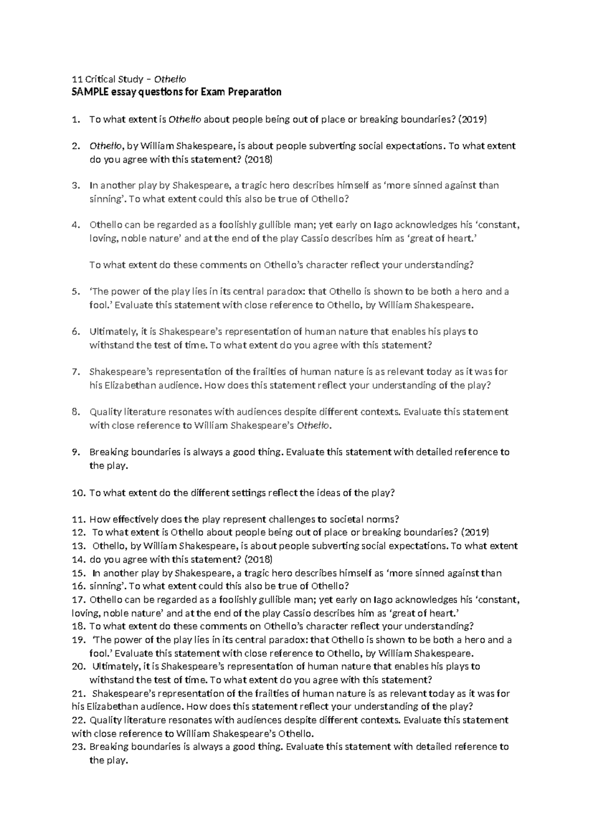 Critical Essay Questions for Othello Study - Exam Prep - Studocu