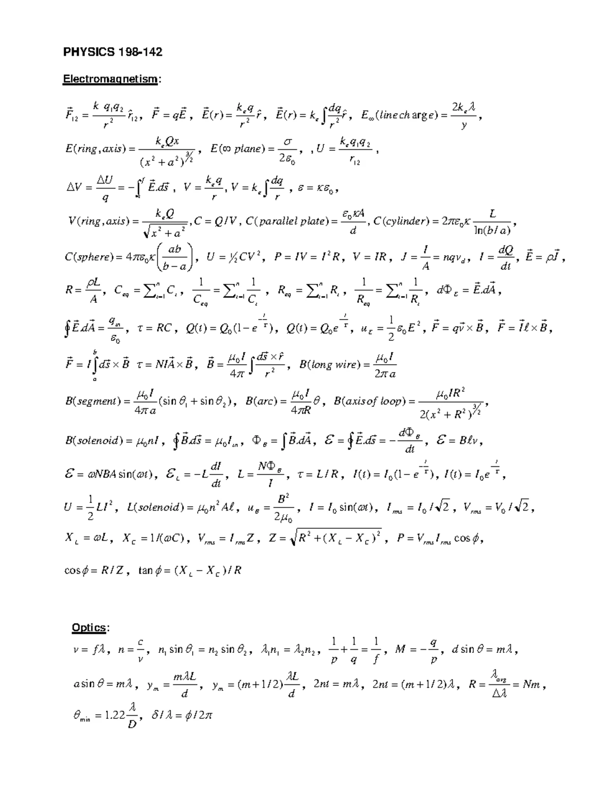 PHYS 142 Final Exam Study Notes: Nature of Light and Electric Fields ...