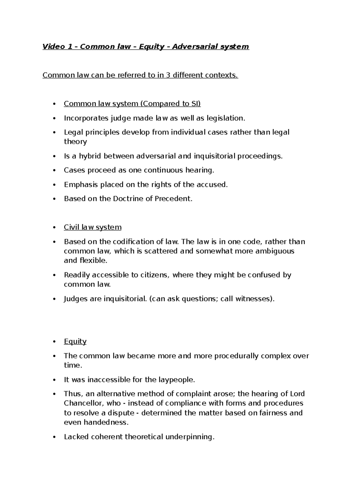 FOL notes topic 2 - Video 1 - Common law - Equity - Adversarial system ...