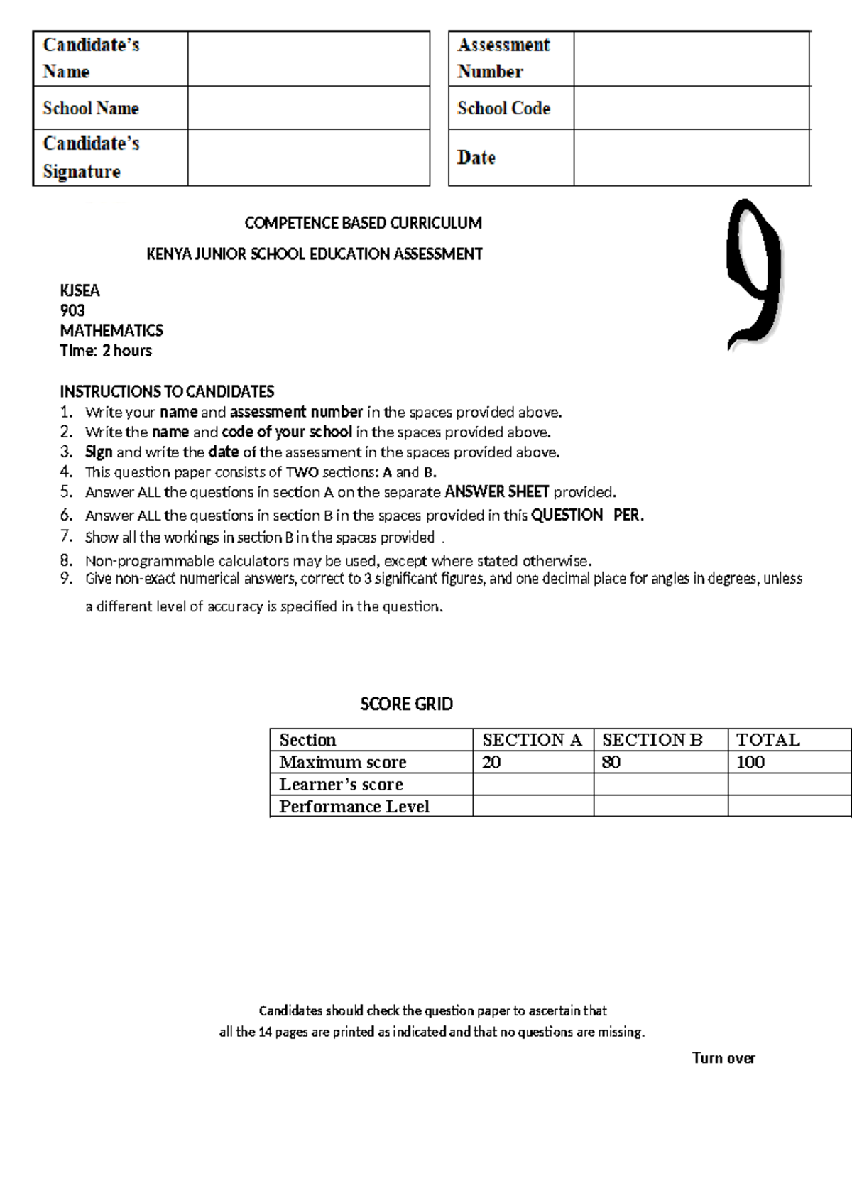 KJSEA 903 Final Exam: Competence-Based Curriculum in G9 Mathematics ...