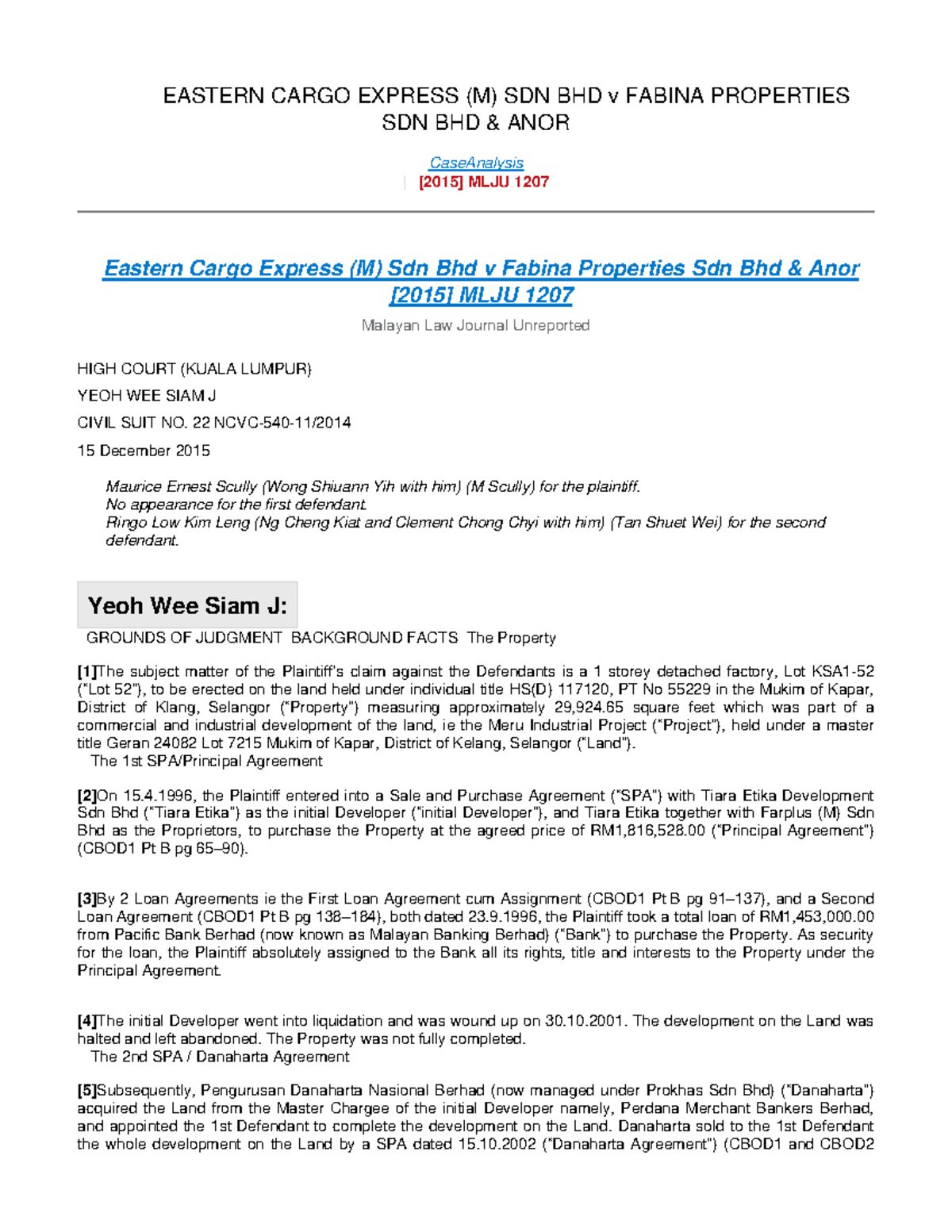 **Case Study: Eastern Cargo Express (M) Sdn Bhd v Fabina Properties Sdn ...